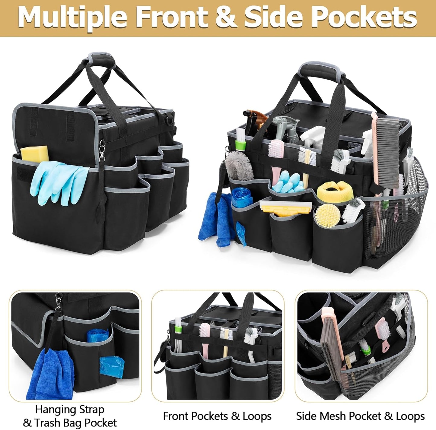 Large Cleaning Caddy with Detachable Trolley & Shoulder Strap, Cleaning Supplies Bag with Handles & Support Plates, Cleaning Product Rolling Organizer for Car Wash and Housekeeping