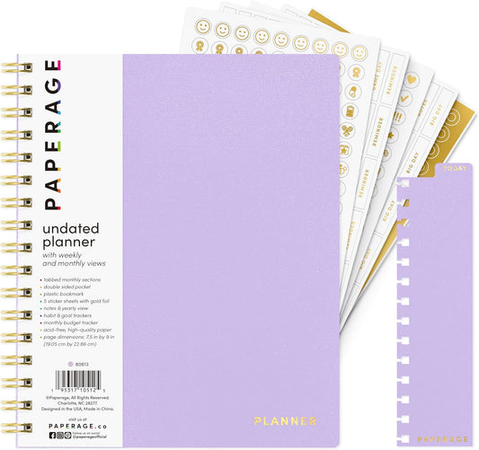 PAPERAGE Undated 12 Month Weekly & Monthly Planner with Durable Cover & Spiral Binding, 7.5 in x 9 in, Productivity Planner with Note Pages, Goals & Budget Trackers, Stickers & Bookmark (Lavender)