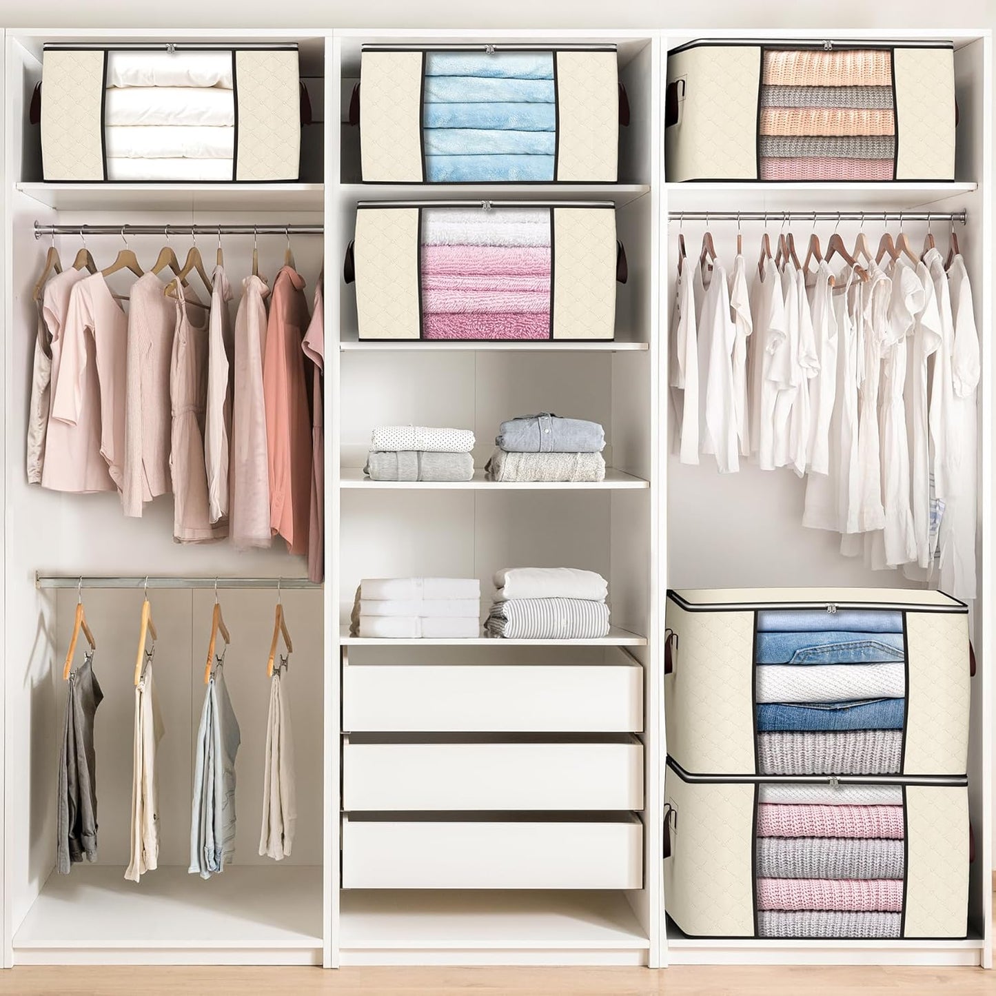 90 L Large Storage Bags, 6 Pack Clothes Storage Bins Foldable Closet Organizers Storage Containers with Reinforced Handle for Clothing, Blanket, Comforters, Bed Sheets, Pillows and Toys (Beige)