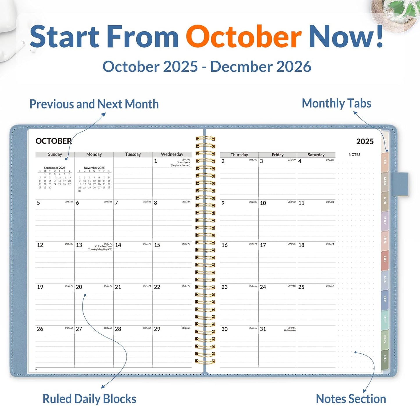 SUNEE 2026 Weekly & Monthly Planner 9"x11.2"- 12 Month (January 2026 - December 2027), Vegan Leather Cover, Pocket, Bookmark, Notes, Monthly Tab, Gay Blue