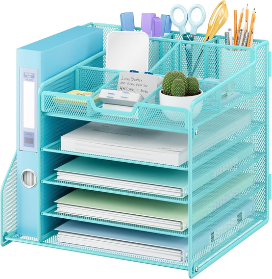 Lavatino 5-Tier Metal Mesh Desk Organizer with File Holder & 7 Customizable Compartments | Paper Letter Tray for Office or Home Desk Storage | Keep Workspace Supplies Neat & Organized, Blue