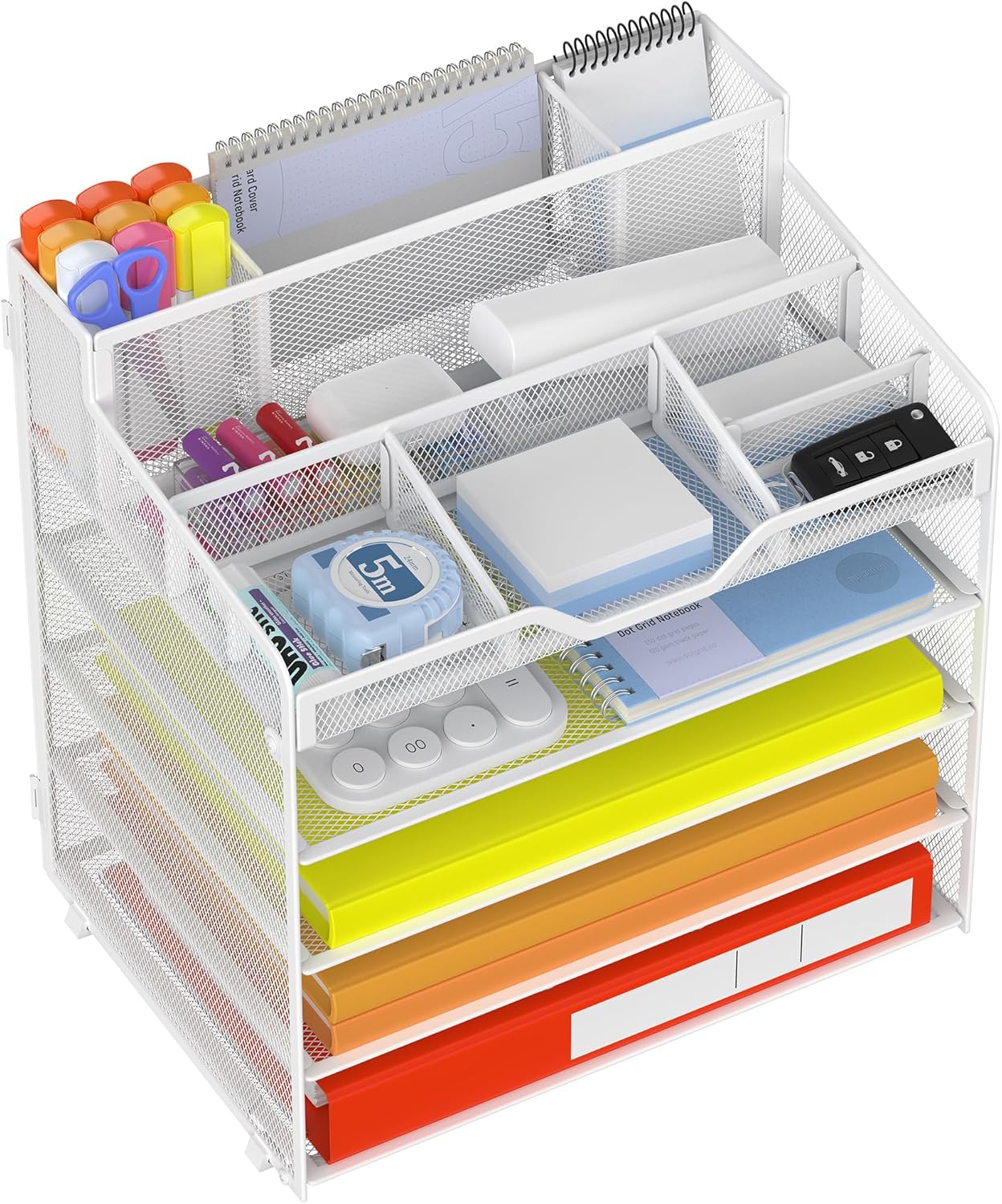 Docnest 5 Tier Mesh Desk Organizer for Paper Office Supplies – Multi-Functional Letter Tray with 5 Adjustable Compartments, 3 Pen Holders, Desktop Storage for Files, Mail, Stationery – White