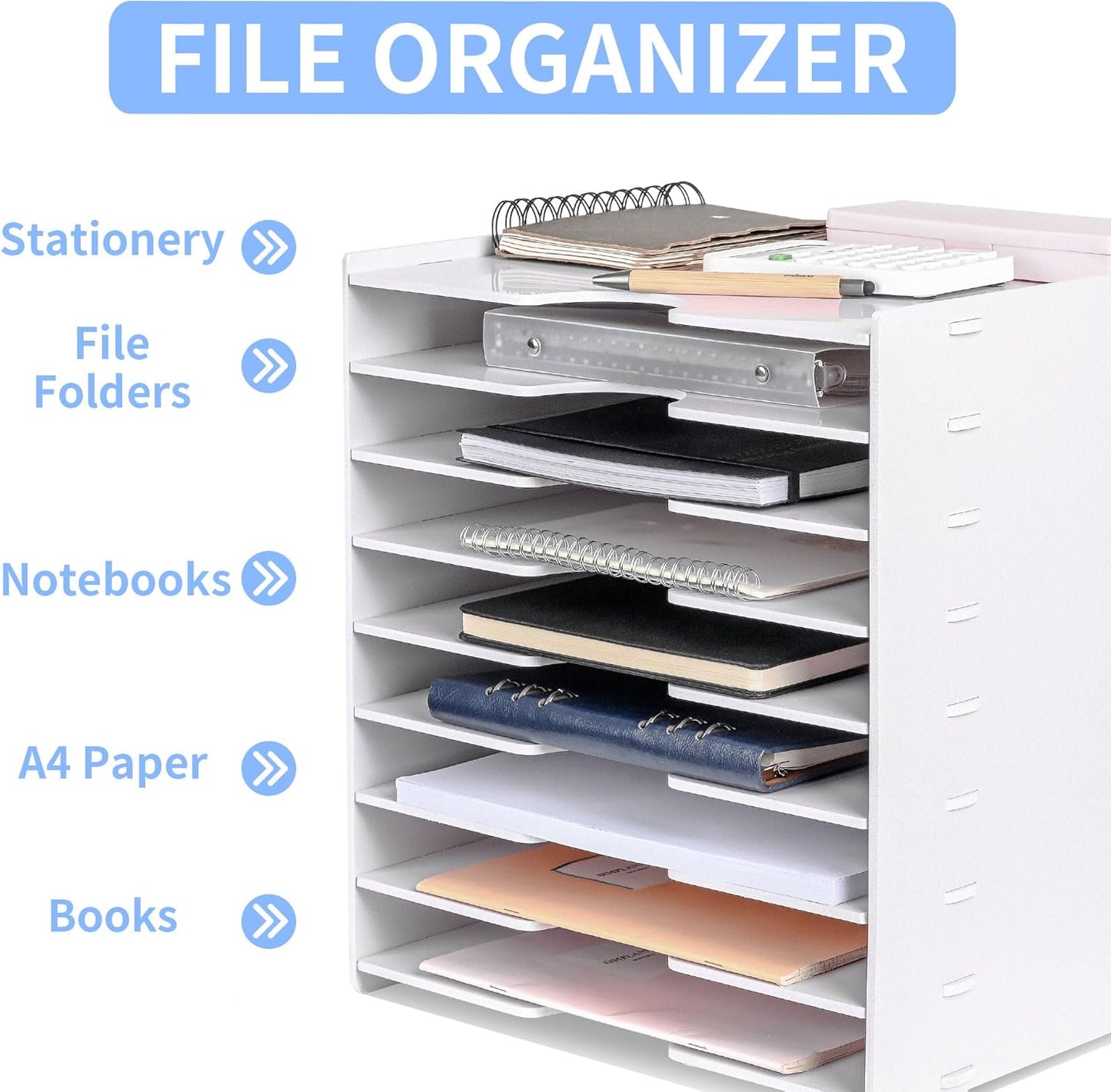 Paper Organizer Storage for Desk, 9 Tier Construction File Organizer Paper Sorter, Desktop Document Storage Holder for Home Office School, 14 1/8" x 10 1/4" x 15 3/8", White