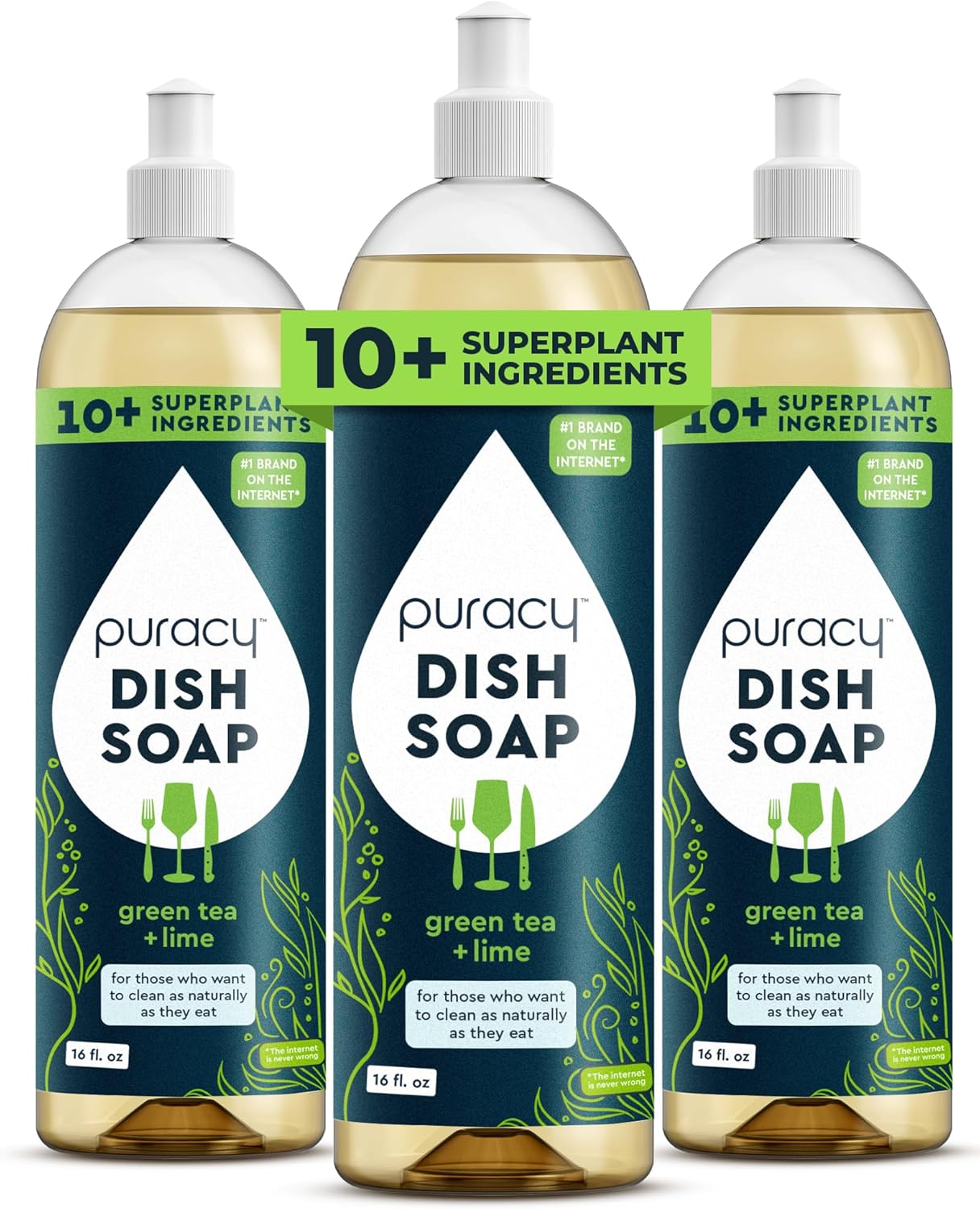 Puracy Natural Dish Soap Packs- Skin-Softening Plant-Based Dishwashing Soap, Non-Toxic Dish Soap, Organic Liquid Dishwashing Detergent Soap (Green Tea & Lime, 16 fl oz, 3 Pack)