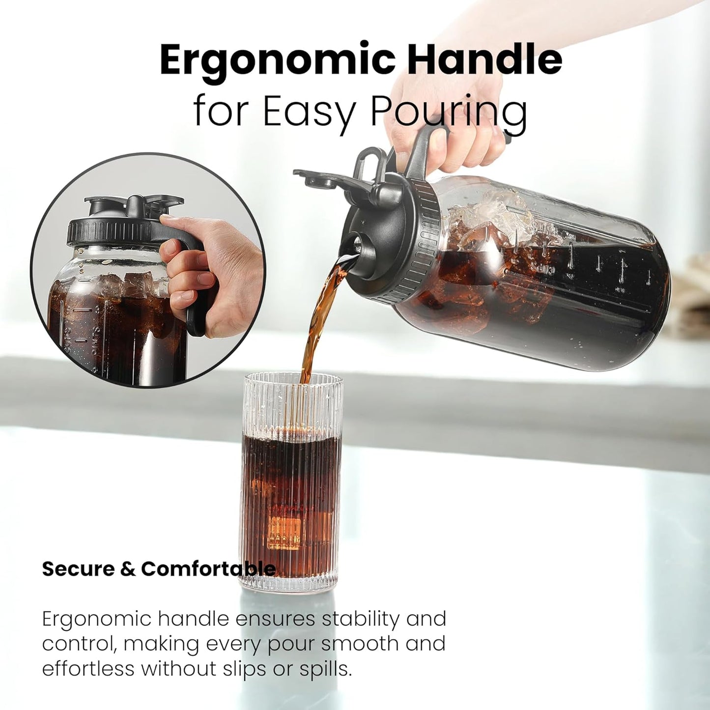 64oz Mason Jar Pitcher - Airtight & Leakproof Glass Pitchers with Handle and Lid, Perfect for Breastmilk, Cold Brew and Sun Tea for Outside,2 Quart Mason Jar with Pour Spout Lid,1/2 Gallon Water Jug