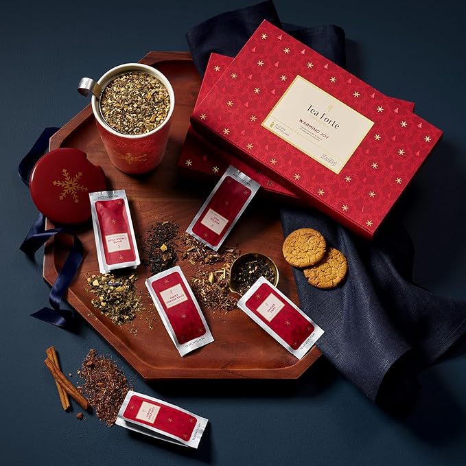 Tea Forte Warming Joy Hoilday Premium Single Steeps Loose Leaf Tea Gift Set Sampler, 15 Count 3 of Each Assorted Blends, Pre-Portioned Single Serve Pouches, Steeps 12 oz