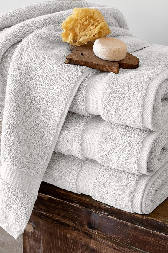 SALBAKOS 100% Turkish Cotton Bath Towel Set of 4 27x54 inch | Heirloom Quality | Hotel & Spa Collection | Ultra Soft, Super Absorbent, Long Lasting Bath Towels | Made in Turkey (Ivory, 4 Bath Towels)