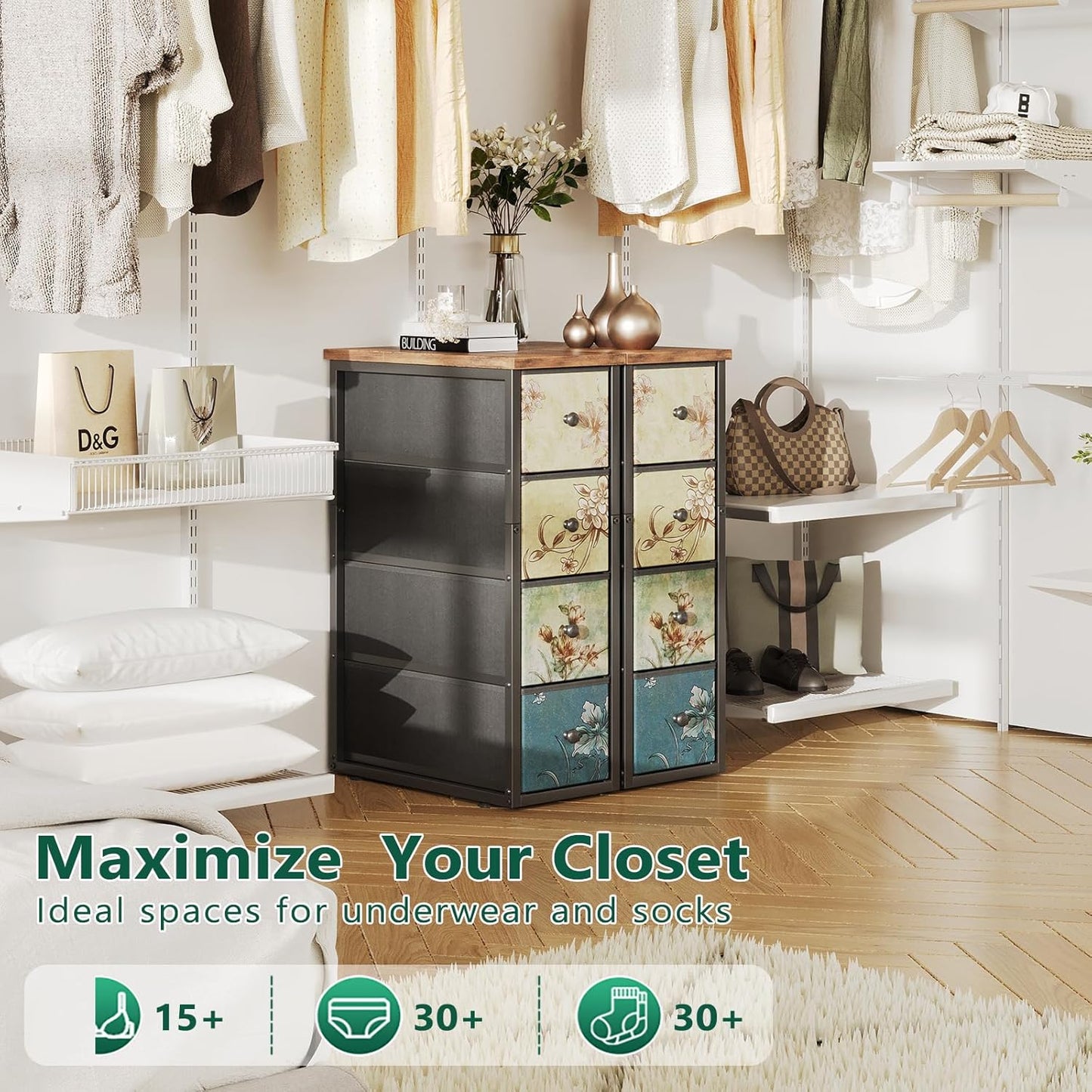 Narrow Dresser, Narrow Nightstand Dresser Storage Tower with 4 Drawers, Slim Fabric Dressers Chest of Drawers for Small Spaces, Retro Flower Dressers, for Bedroom Bathroom Laundry Closet, Vintage