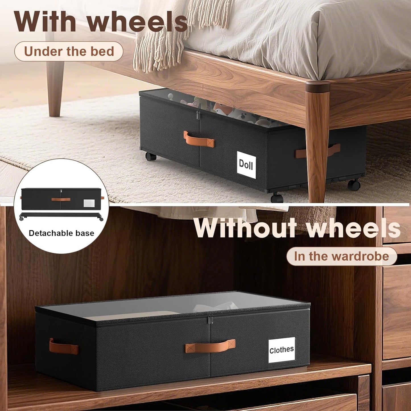 Under Bed Storage Containers with Wheels, 9.5 inches Higher Underbed Shoes Blankets Clothes Toy Storage Drawers for College Dorms Bedrooms Nursery Rooms Organization, 2 Pack to be Assembled