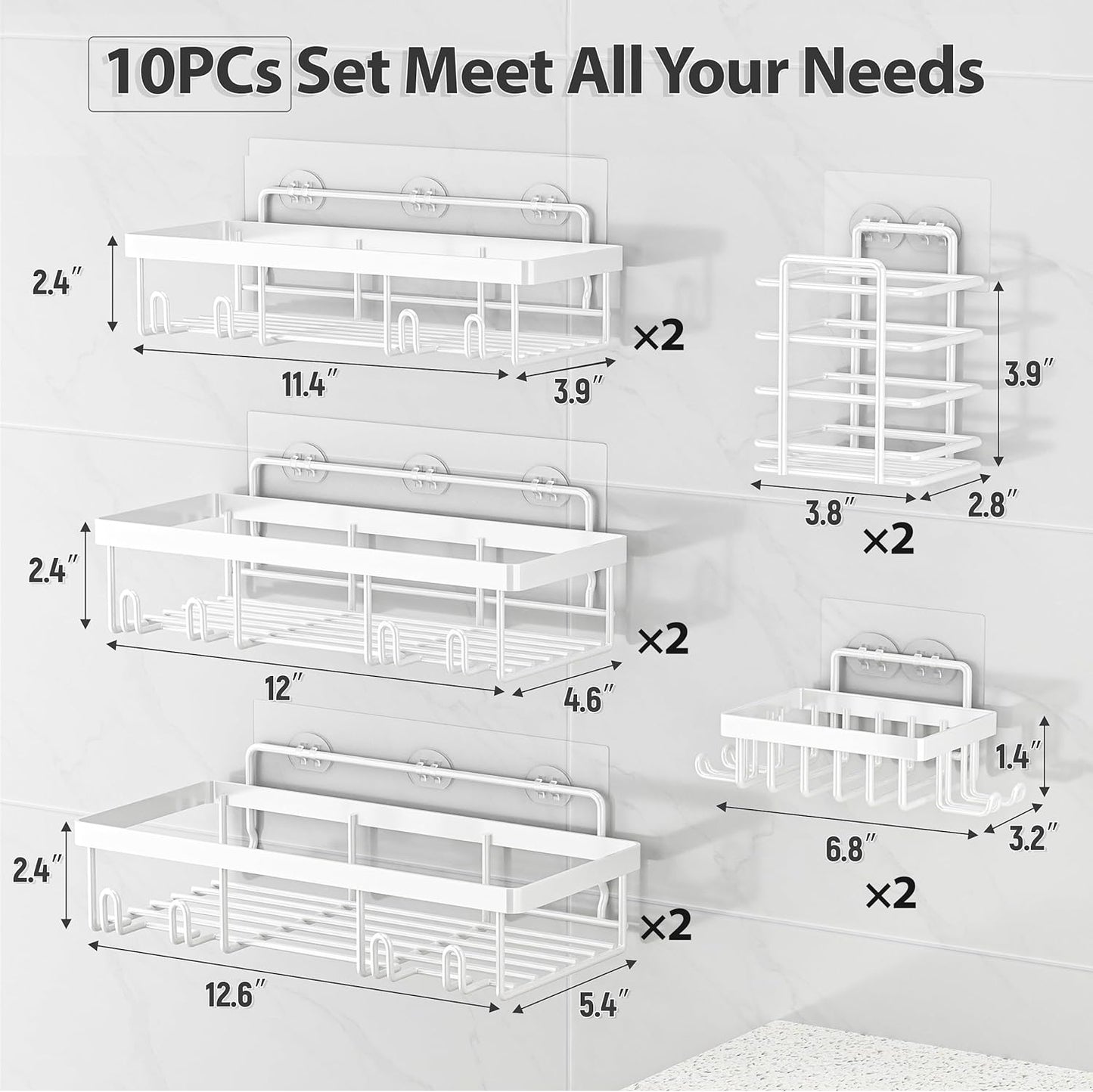 10 Pack Shower Caddy Organizer Rack Shelf for Inside Shower, Self Adhesive Wall Storage Basket Rustproof Stainless Steel Shampoo Holder Bathroom Accessory Decor Set, White