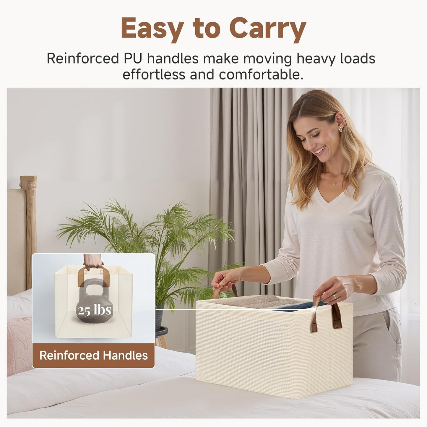 StorageWorks Storage Bins, Shelves Baskets for Organizing, Fabric Closet Organizers with Handles, Metal Frame, Beige（Texture）, 2-Pack