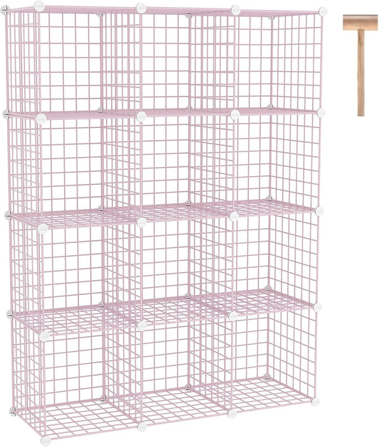 C&AHOME Wire Cube Storage, 12 - Cube Organizer Metal C Grids, Modular Shelves Units, Closet Organizer, Ideal for Home, Office, Living Room, 36.6”L x 12.4”W 48.4”H, Pink UWCS3012P