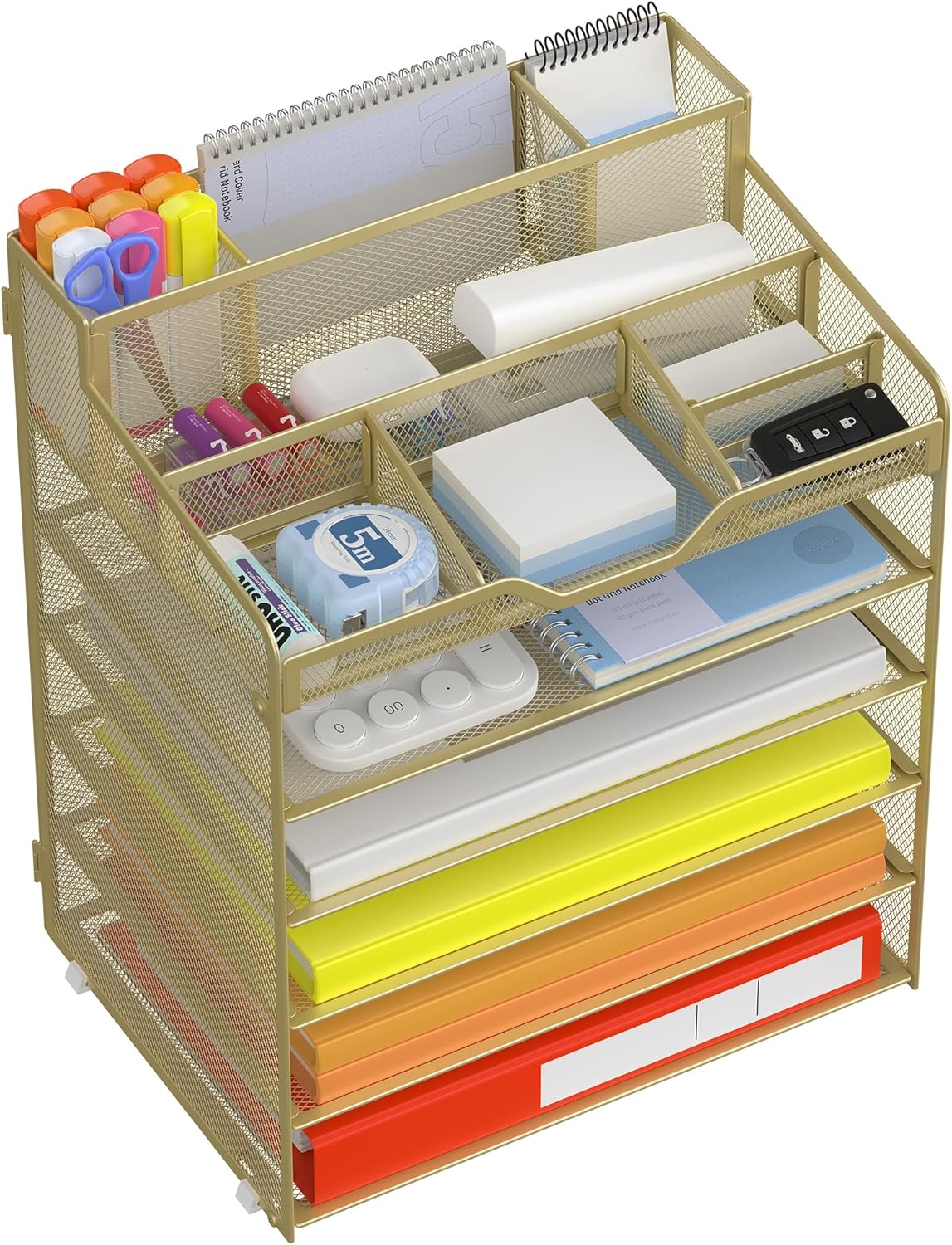 Docnest 6 Tier Mesh Desk Organizer for Paper Office Supplies – Multi-Functional Letter Tray with 5 Adjustable Compartments, 3 Pen Holders, Desktop Storage for Files, Mail, Stationery – Gold Yellow