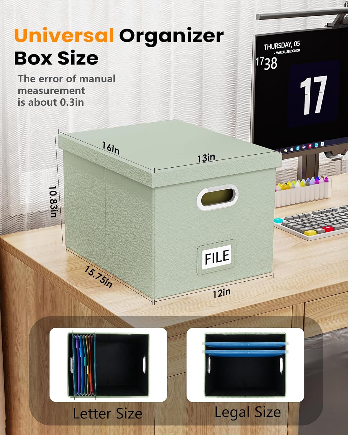 2 Pack File Storage Organizer Box,Filing Box,Portable File Box with Lid,Fit for Letter/Legal File Folder Storage, Grey-green(Leather)-Box only