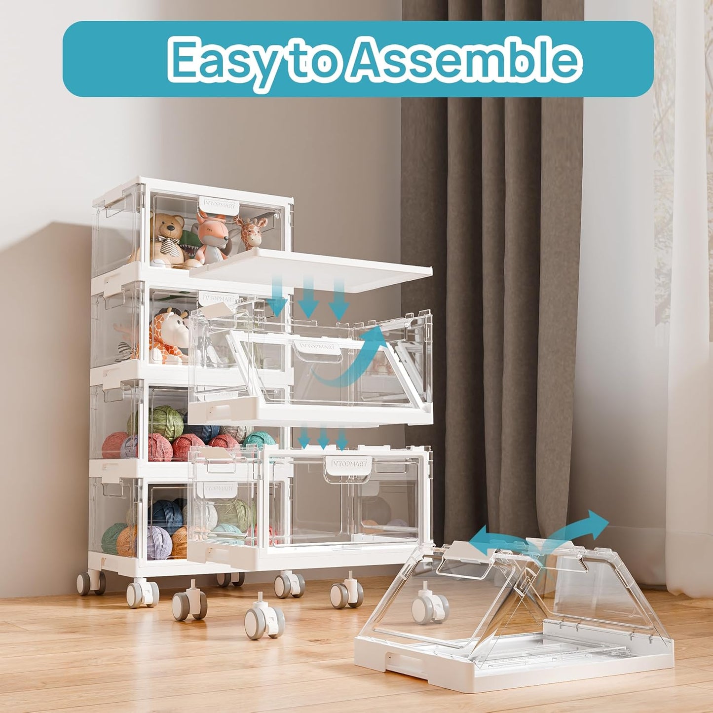 Vtopmart 4 Tier Plastic Storage Bins with Lid 24QT,Clear Stackable Closet Organizers and Storage with Wheels,Foldable Plastic Organizer Bins for Bathroom,Living Room,Bedroom,Craft Room, Office,Dorm