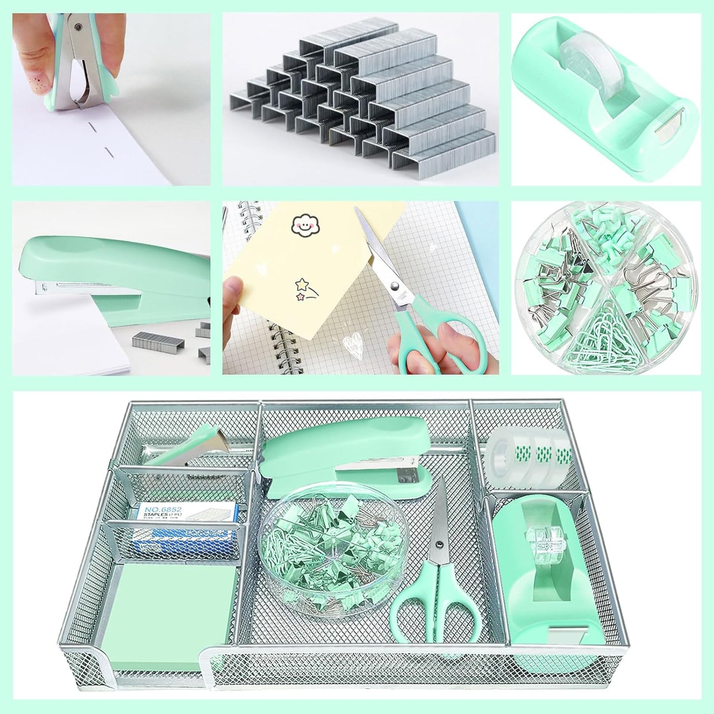 Green Office Desk Accessories, Green Office Supplies Set, Desk Drawer Organizer,Stapler and Tape Dispenser Set,Tape,Staple Remover, Staples, Paper Clips, Scissor and Sticky Note
