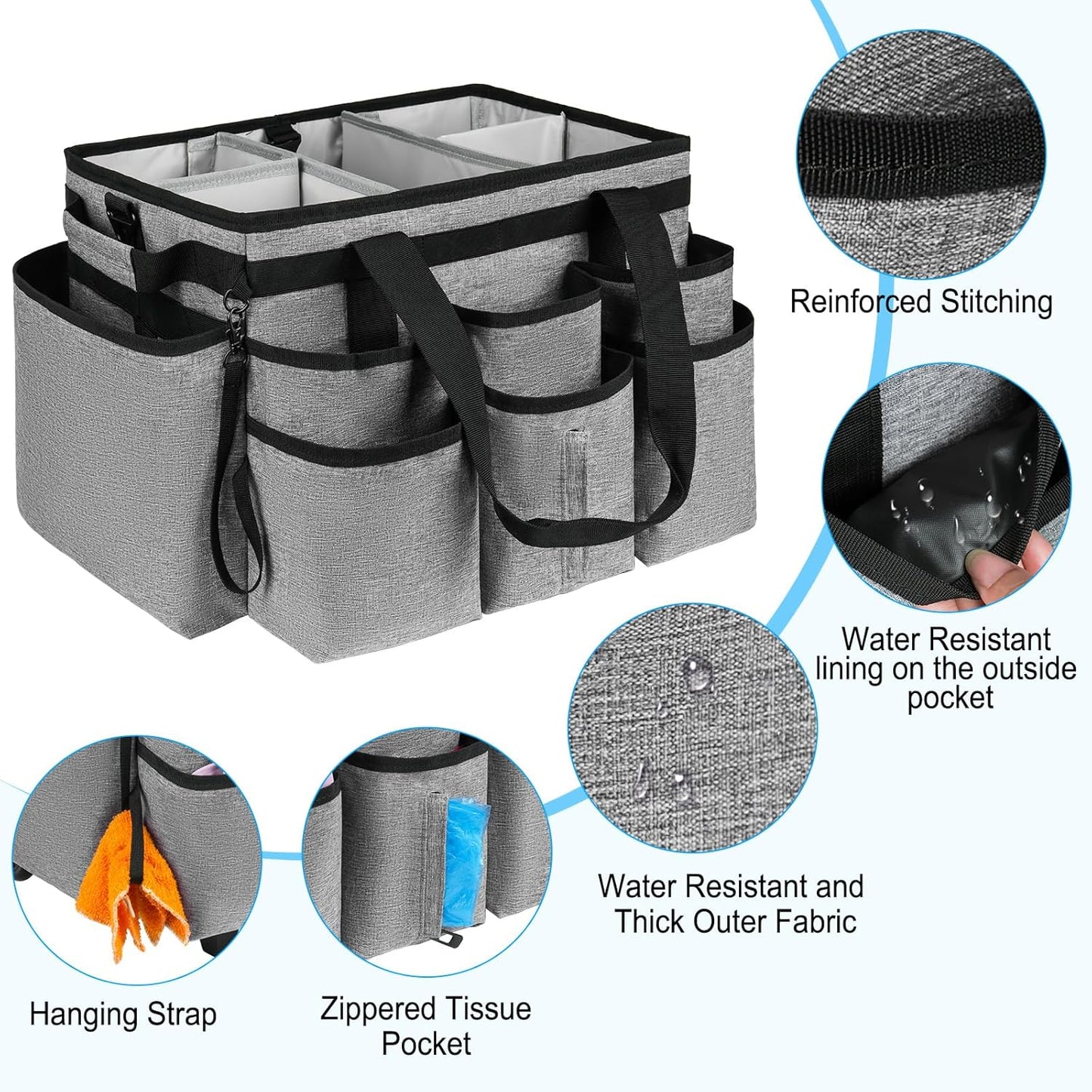 Large Rolling Cleaning Caddy Bag with Detachable Trolley,Cleaning Cart on Wheels with Shoulder Strap,Cleaning Supplies Organizer for Housekeepers,Gray