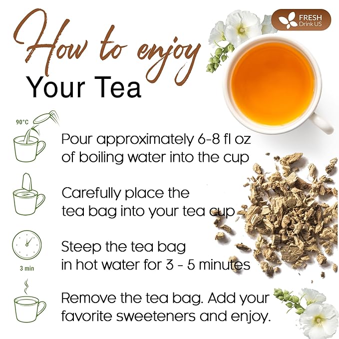 FreshDrinkUS, Premium 55 Marshmallow Root Tea Bags, 100% Natural & Pure from Marshmallow Root, Eco-Conscious Tea Bags, Herbal Tea. No Sugar, No Caffeine, No Gluten, Vegan.