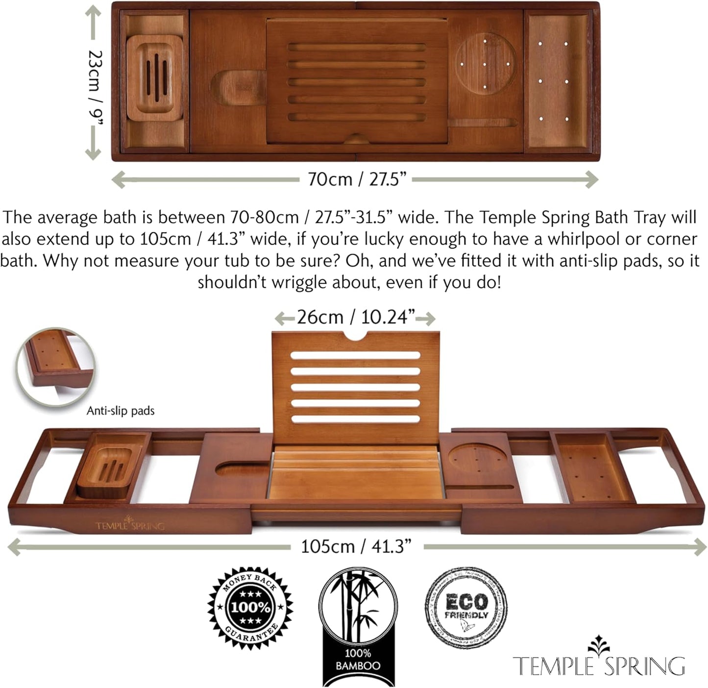 Temple Spring Wooden Bathtub Tray, Bamboo Bathroom Accessories, Bath Tray for Tub, at Home Spa Essentials, Board for Tub Table, Bath Caddy for Bathtub Accessories & Bathroom Essentials – Wood Brown