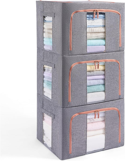 3 Pack 24L Stackable Clothes Storage Bins with Metal Frame Handles & Zipper, Collapsible Closet Organizer Box with Lid for Bedding Blankets Towel (Grey)