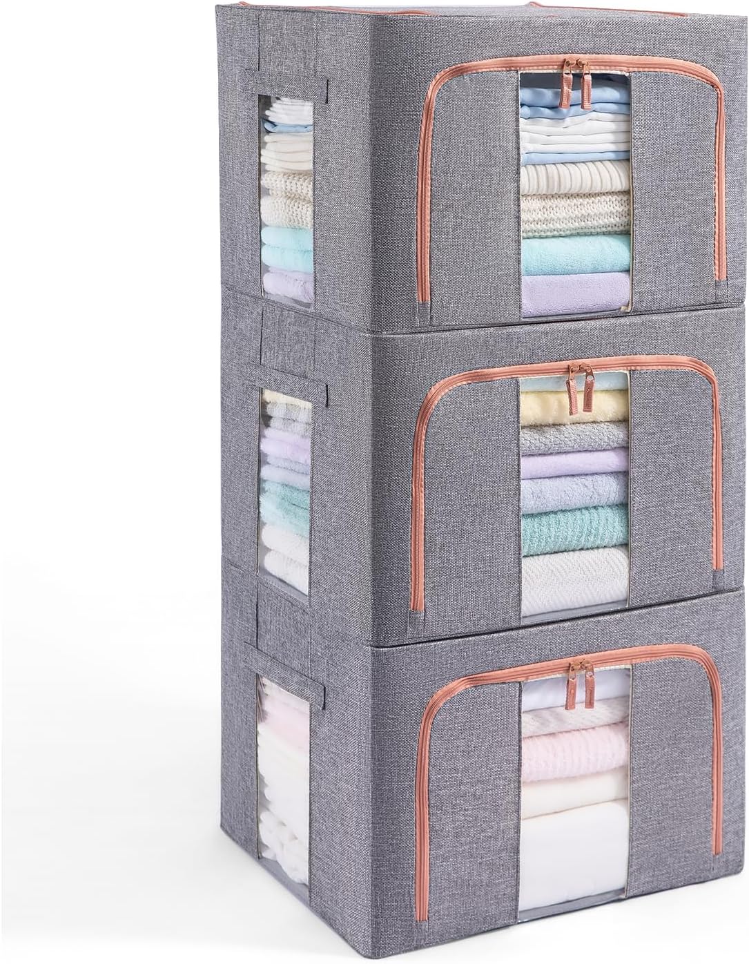 3 Pack 100L Stackable Clothes Storage Bins with Metal Frame Handles & Zipper, Collapsible Closet Organizer Box with Lid for Bedding Blankets Towel (Grey)