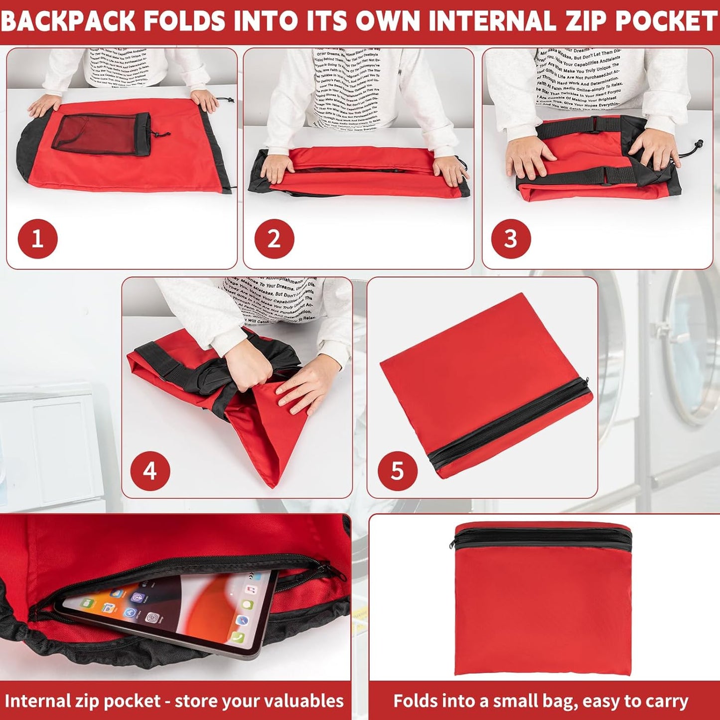 Laundry Bag Backpack with Shoulder Straps and Mesh Pocket Foldable Clothes Hamper Bag with Drawstring Closure for College, Apartment, Laundromat (Red)