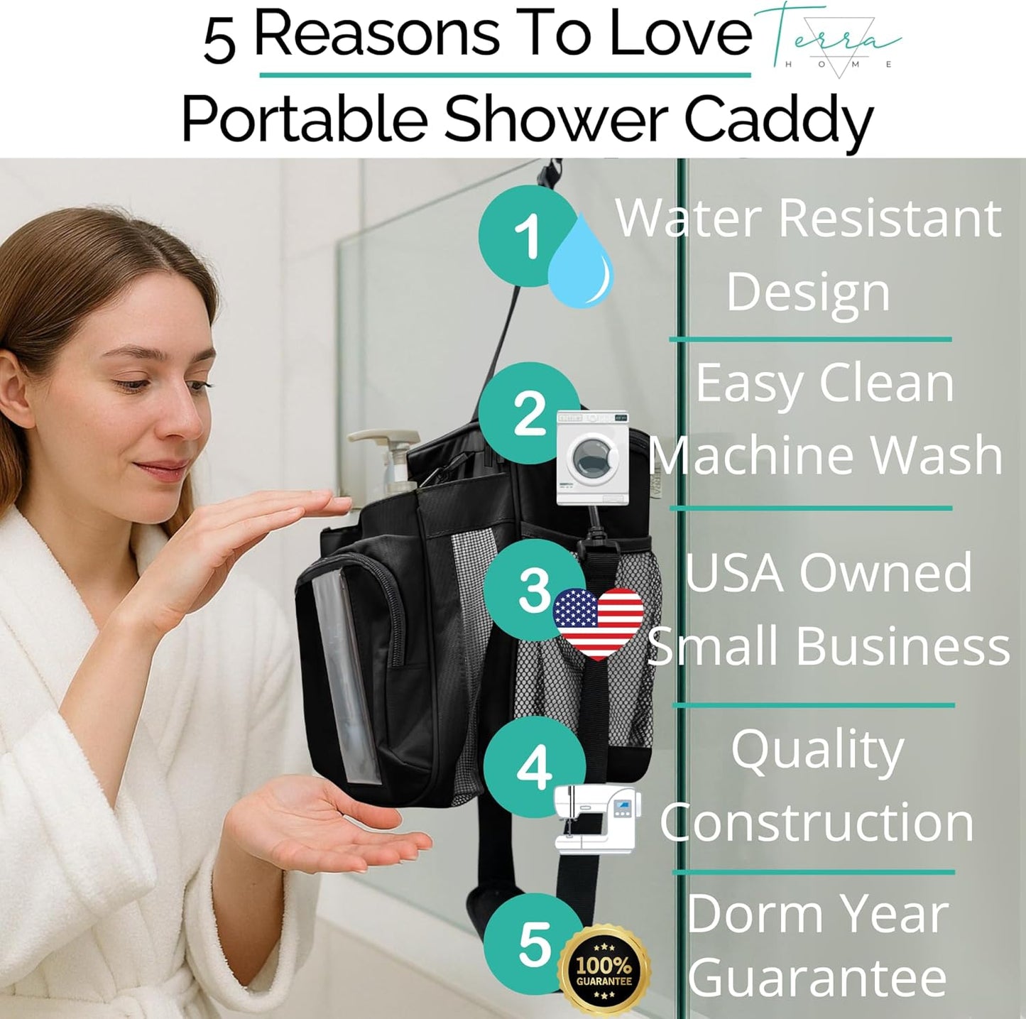 Portable XL Shower Caddy Bag - College Dorm Room Essentials for Men, Women, Students - Foldable, Water Resistant with Hanging Keychain Hook and Shoulder Strap Shower Organizer Bag (Black)