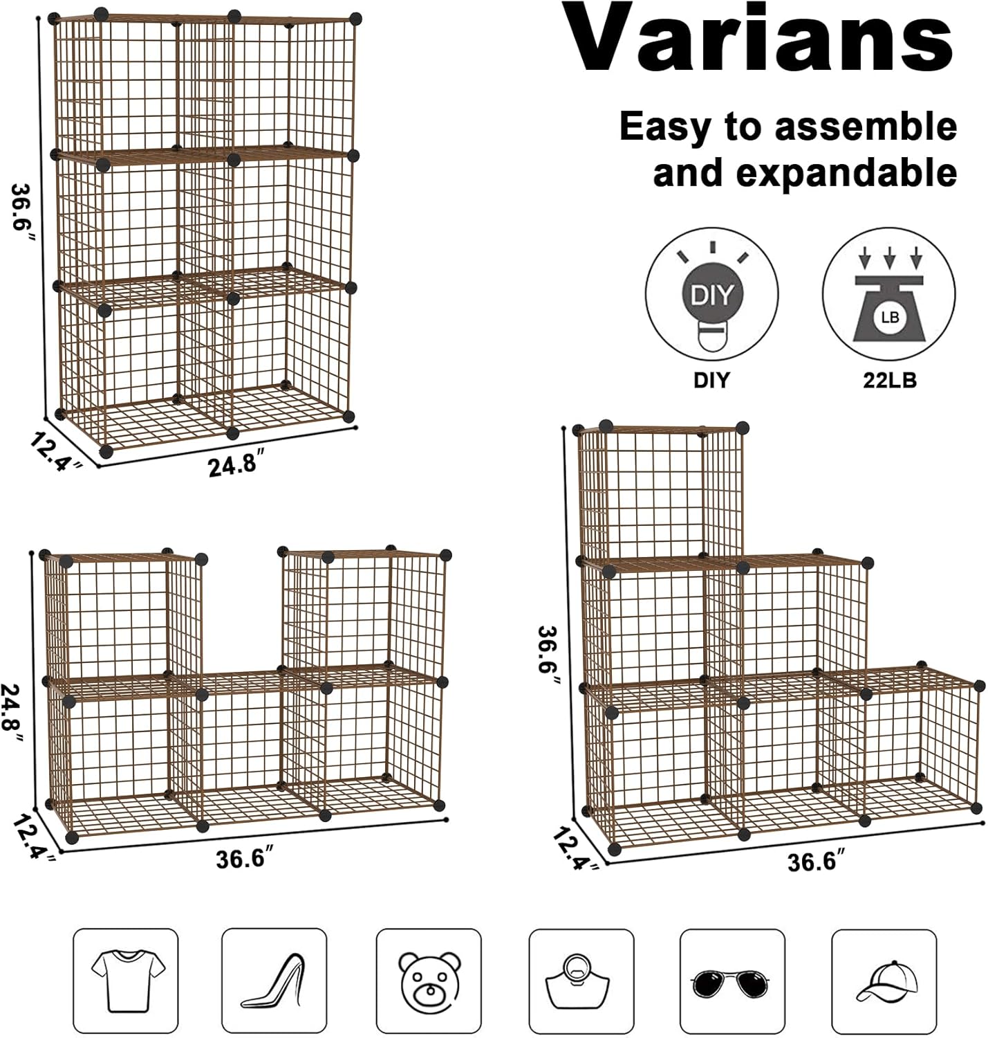 C&AHOME Wire Cube Storage, 6 - Cube Organizer Metal C Grids, Modular Shelves Units, Closet Organizer, Ideal for Home, Office, Living Room, 36.6”L x 12.4”W 36.6”H, Brown UWCS3006R
