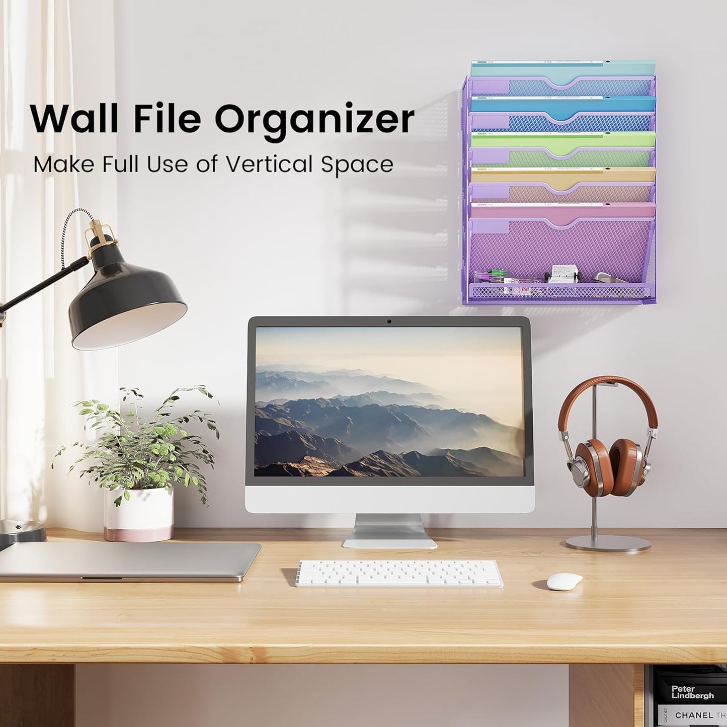 Hanging Wall File Organizer for Wall Mounted Mail Paper Folder Holder Document Organization Stand Desk File Organizer Tray for Office & Home Cubicle Countertop 6 Tier Purple