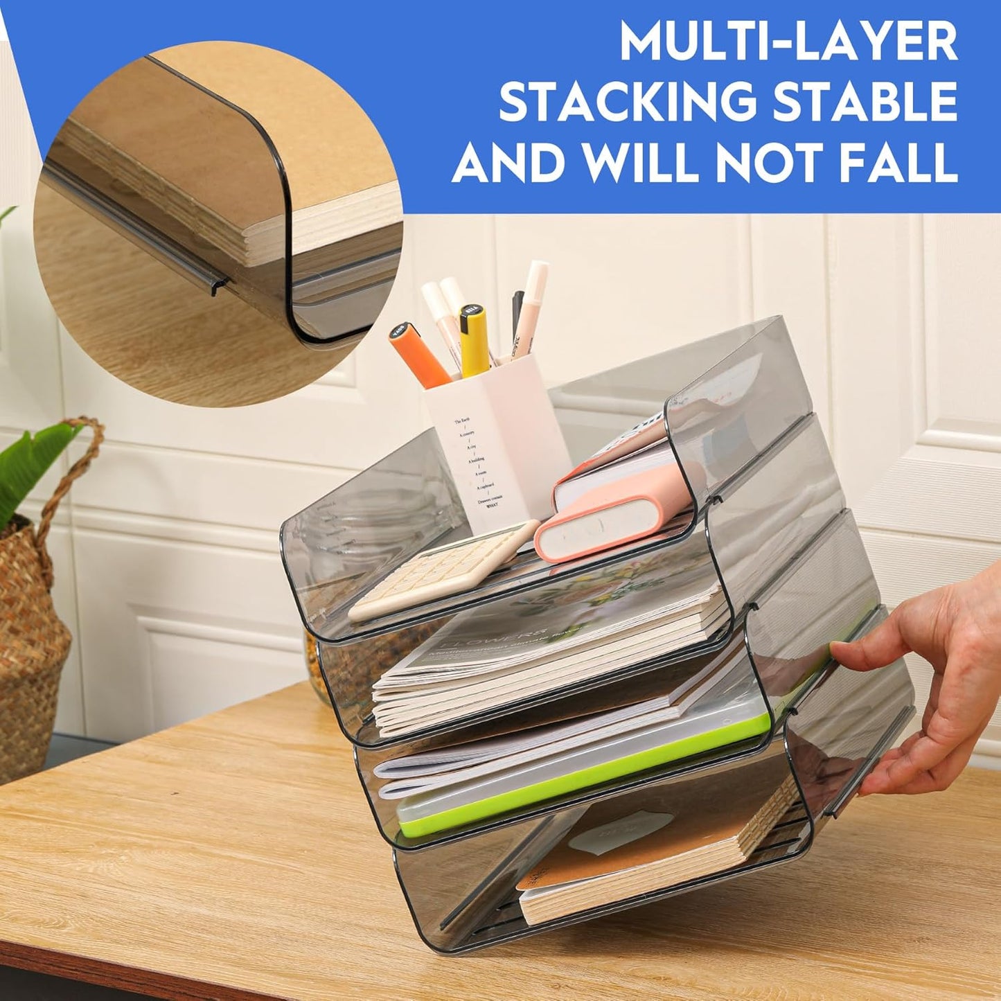 Set of 4 Office Organization and Storage, PET Letter Tray Desk Organizer, Stackable Document Organizer and File Paper Organizer for Office Supplies, Black