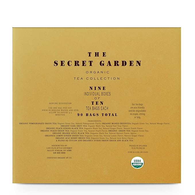 Premium Organic Holiday Tea Bag Sampler Gift Box - 90 Bags 9 Exotic Flavors Herbal Orange Spice, Mango, Earl Grey, Pomegranate, Peach, Green, Ginger Peach, Lemon Ginger, Acai Berry