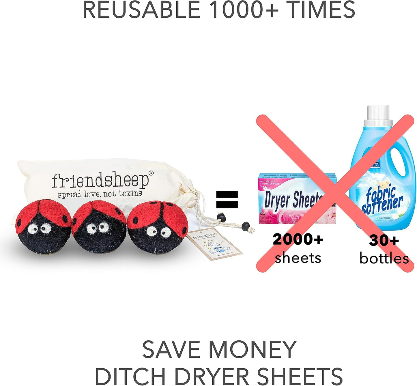 Friendsheep Wool Dryer Balls, Organic Reusable Fabric Softener Alternative for Laundry, Handmade, Fair Trade, Hypoallergenic, Eco-Friendly, Plastic-Free (3 Pack XL – Ladybug)