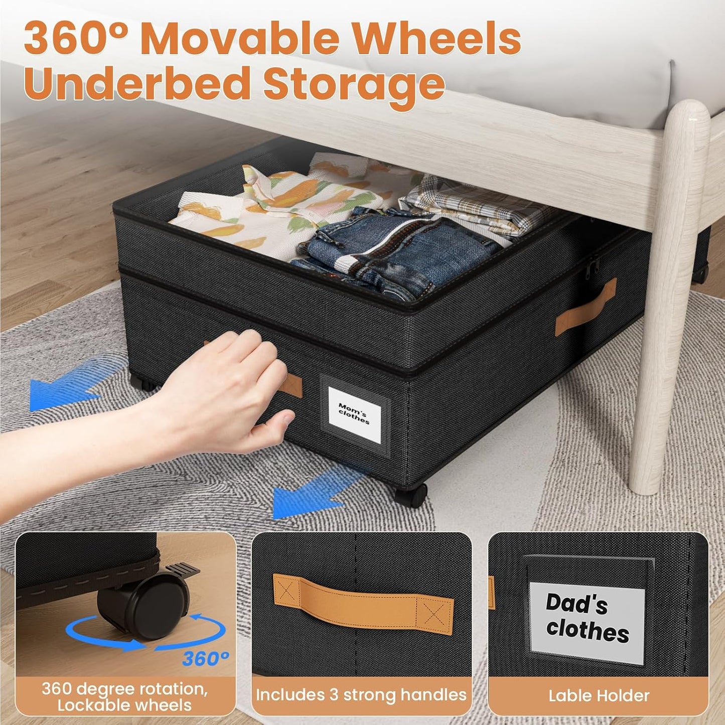Under Bed Storage with Wheels, 72L XXL Under the Bed Storage Containers Large, 10‘’ Tall Adjustable Storage for Underbed with Lids, Rolling for Shoes, Clothes, Blankets, Black