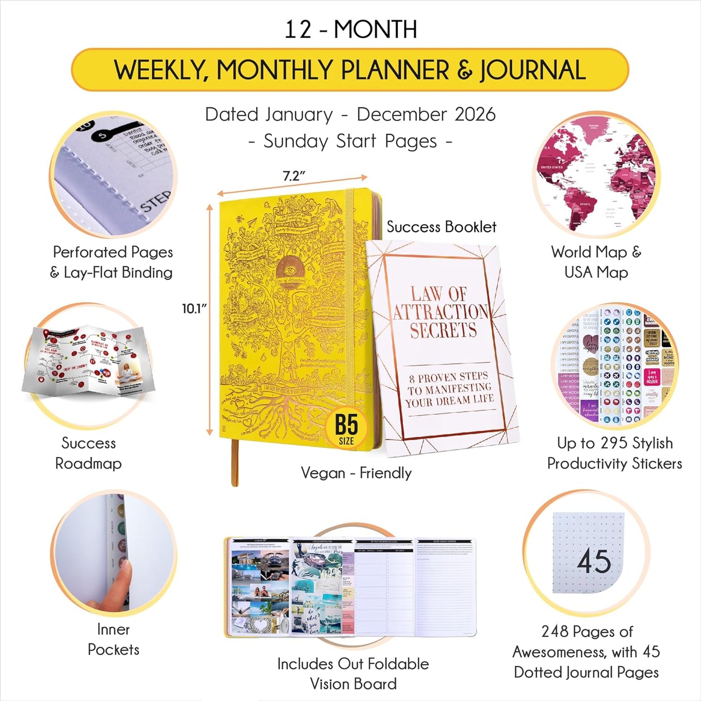 2026 Planner Weekly and Monthly | Law of Attraction Planner with Panduo App | A 12 Month Journey for Productivity, Gratitude & Goal Setting | Includes Foldable Vision Board, Gift Box & Stickers