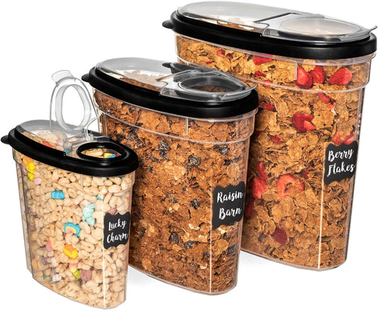 Shazo 3 PC Cereal Container Storage Set (5.2L, 2.8L, 1.2L) - Large Airtight Food Storage Containers with Flip-Top Lids, BPA-Free Plastic Cereal Dispenser for Pantry, Rice, Flour, Sugar & Pasta
