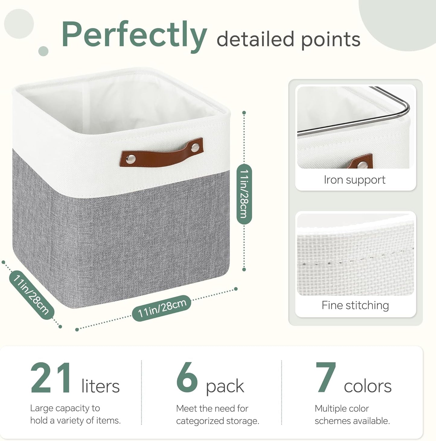 Cube Storage Baskets 6 Pack, 11x11 inch Foldable Cube Storage Bins with Leather Handles for Shelf Closet Nursery Toys (White/ Gray)