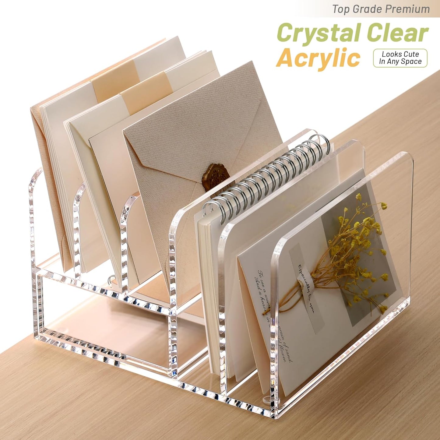 SANRUI Desk Organizers and Accessories, Acrylic Mail Organizer Countertop, 5-Slots File Sorter with Drawer, Desktop Organizer for Office Supplies