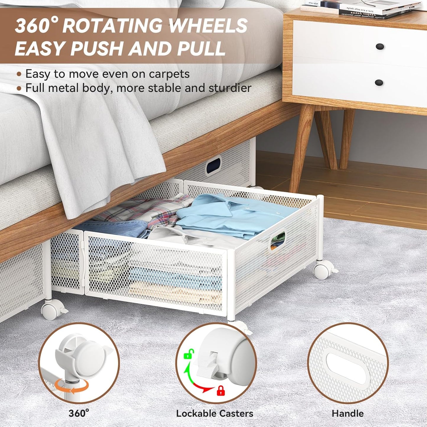 PHINOX Under Bed Storage with wheels, Under the Bed Storage Containers,Upgrade Crossed Iron Wire, Metal Rolling Underbed Storage Containers for Bedroom Clothes Shoes Blankets-2 Pack,White