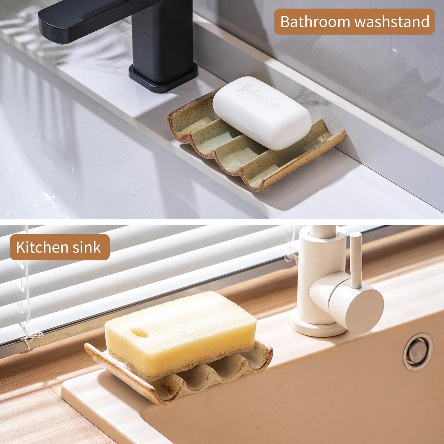 Ceramic Soap Dish, Draining Bar Soap Holder Tray, Soap Saver for Shower, Bathroom, Sink, Kitchen and Countertop, Decorative Square Soap Dish, Green 1 Pcs