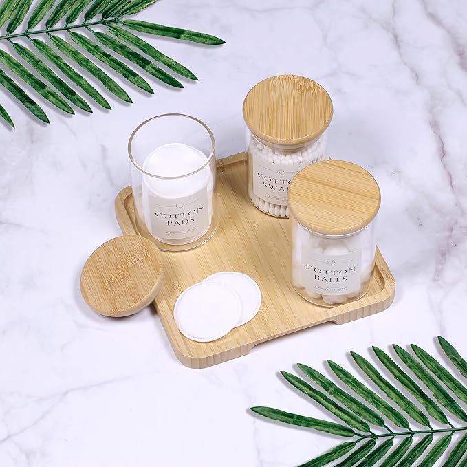 Qtip Holder with Vanity Tray - 4 Pack Glass Apothecary Jars with Lids, Cotton Ball Swab Pad Floss Pick Holder, Bathroom Organizers Jars Containers Canisters Accessories Set