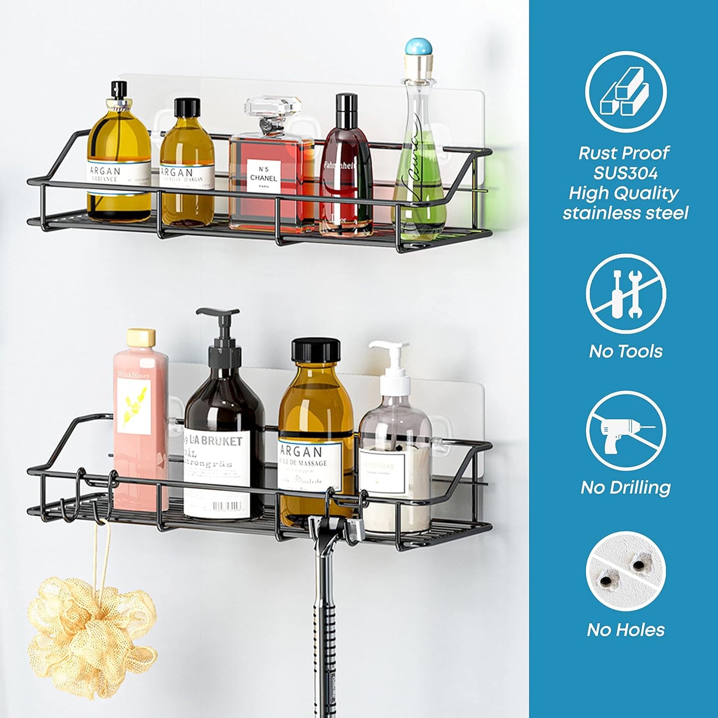 KESOL Adhesive Shower Caddy Shower Shelf Organizer with Hooks, SUS304 Stainless Steel, 2 Pack (Black)