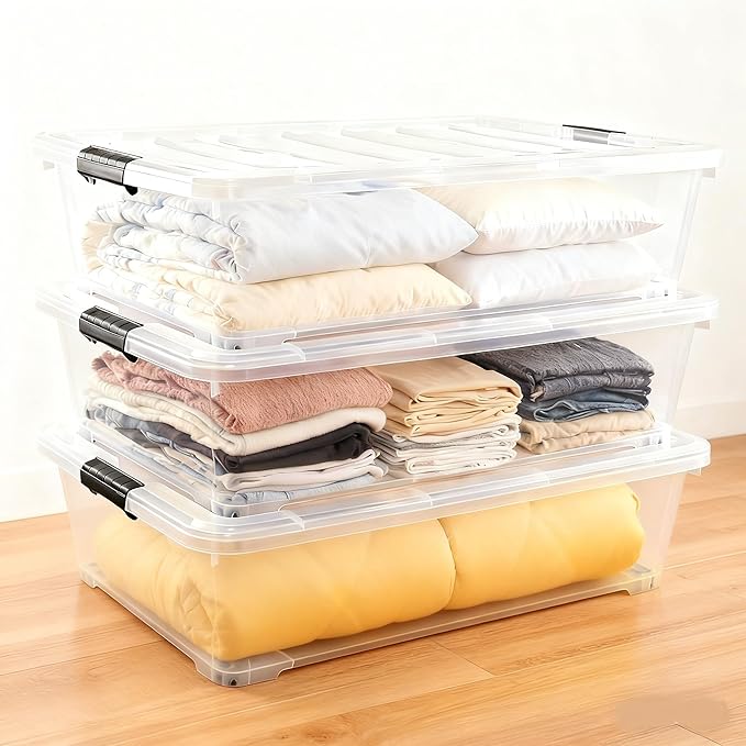 Zopnny 3-Pack 40 Quart Plastic Underbed Storage Box, Large Clear Under Bed Storage Bin with Wheels