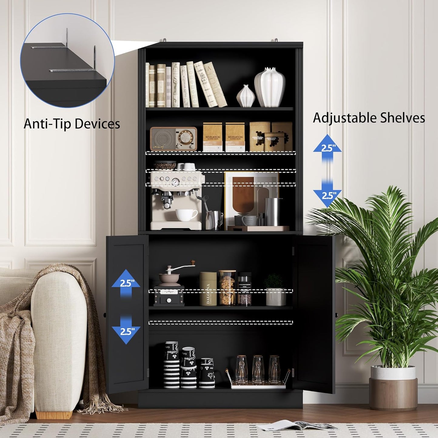 71.4" Tall Bookshelf with Cabinet, 5-Tier Floor Standing Bookcase with Doors & Adjustable Shelves, 31.5" Wide Storage Shelf, Metal Handles, Modern Organizer for Home Office, Living Room