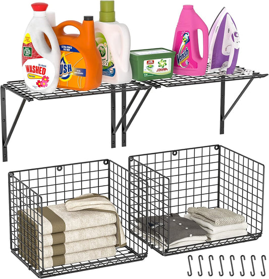 2 Pack Laundry Room Shelves, Wire Baskets with 8 Hooks, Over Washer and Dryer Shelf, Wall Mounted Storage and Clothes Drying Rack, Black
