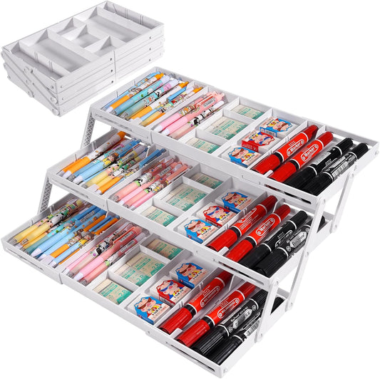 Aobiono Multi Level Smart Drawer Organizer, Multi Tier Expandable Storage Collapsible Foldable Trays for Jewelry, Cosmetics, Makeup, Tools, Battery (White, Single Row - 3 Levels)