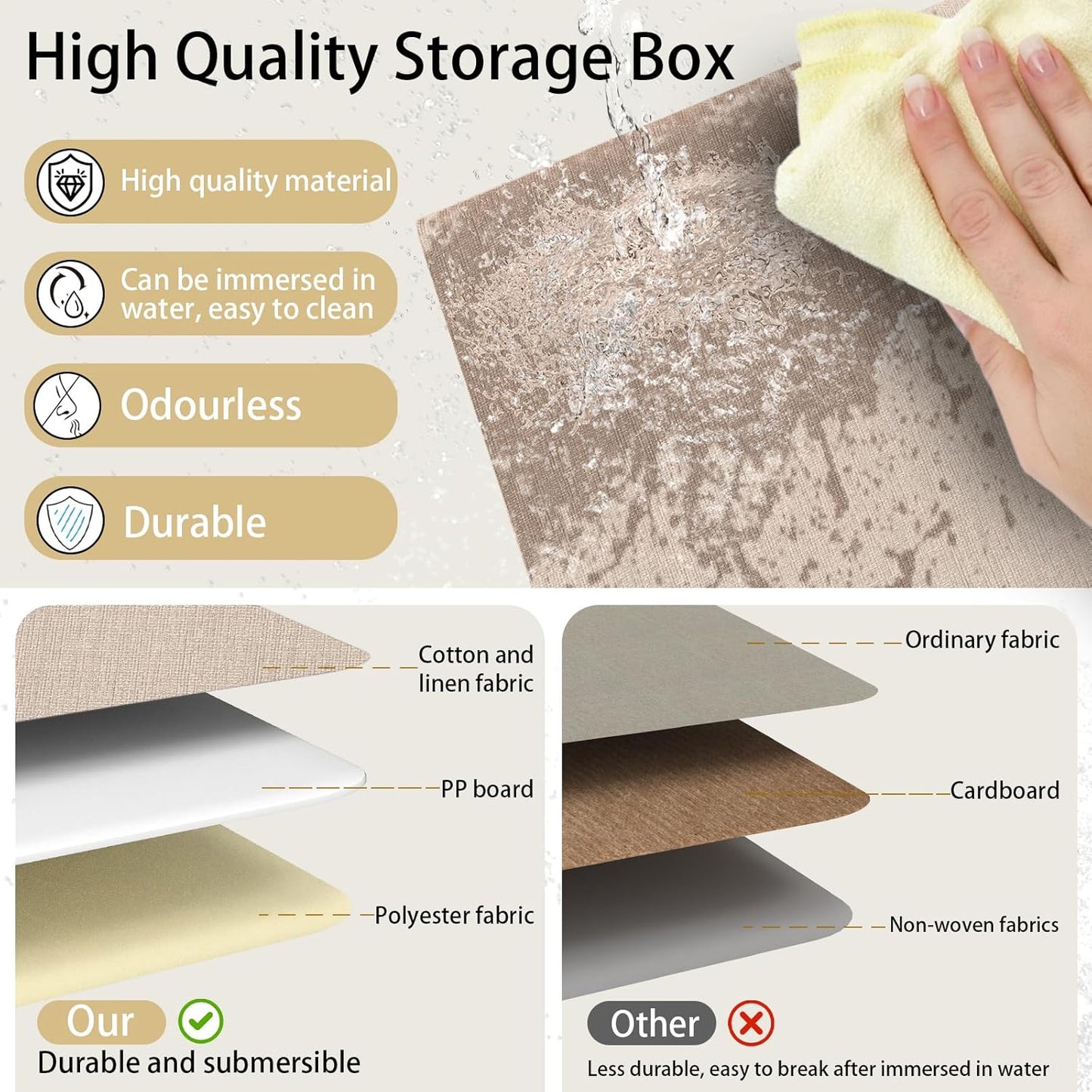 Yawinhe Collapsible Storage Boxes, Linen Fabric Baskets, Bin with lid and Leather Handle, Washable, for Home, Closet, Beige, 17.7''Lx11.8''Wx11.8''H, 1-Pack, USNK024BEX-1