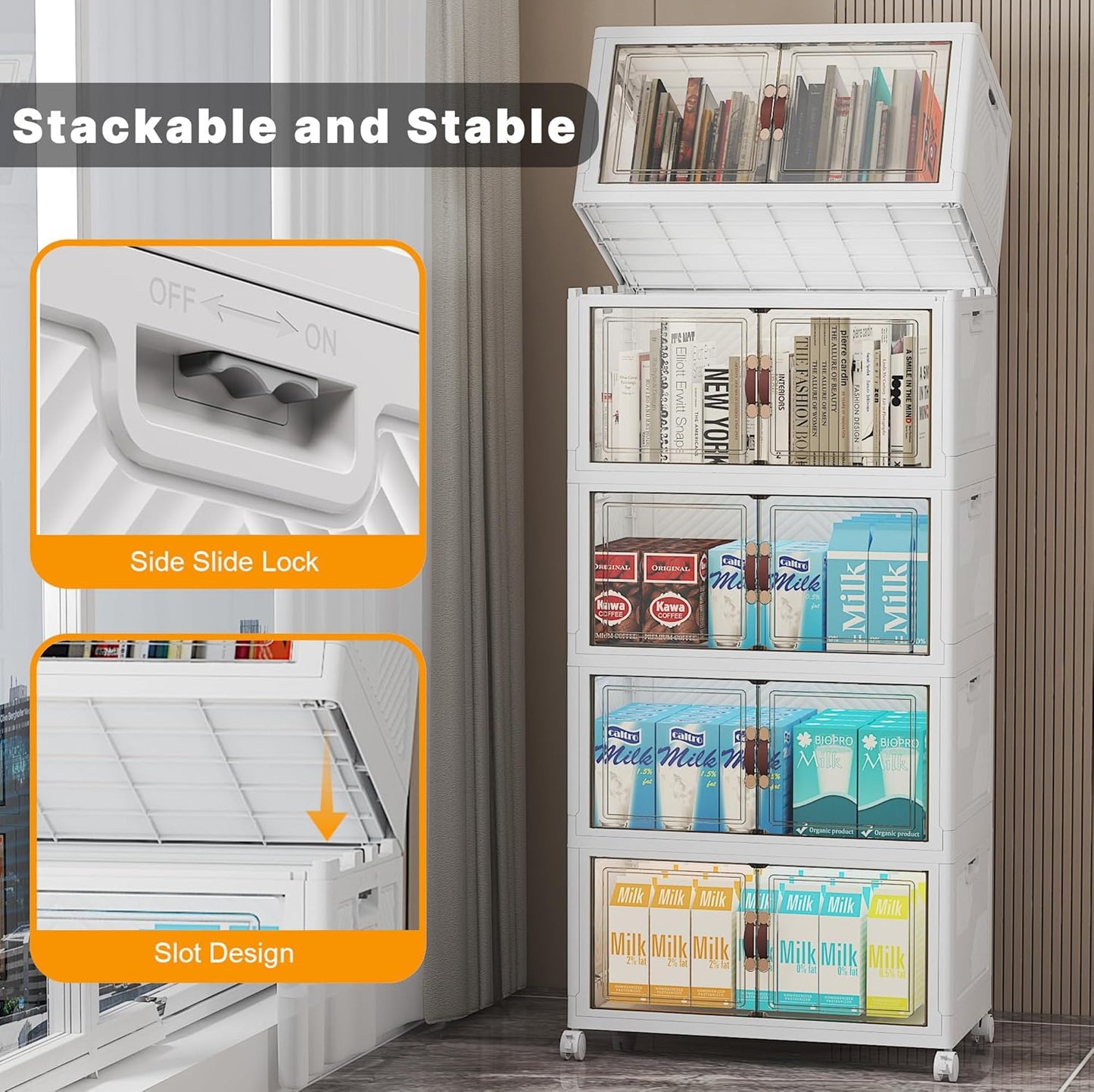 Extra Large Stackable Storage Bins with Lids & Wheels & Door, 260QT-52QT/13GAL*5Pack Foldable Collapsible Closet Organizers, Plastic containers drawers for bedroom Dorm