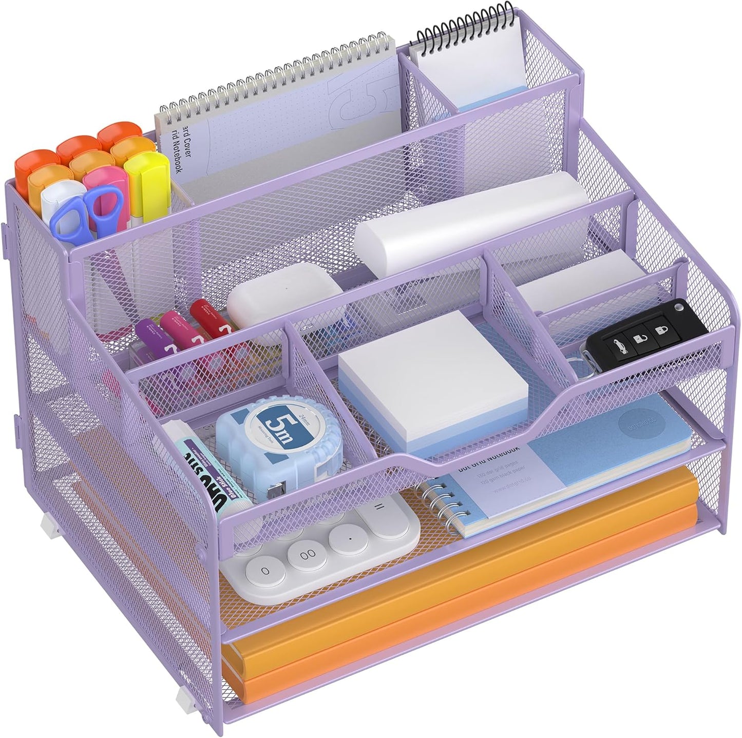 Docnest 3 Tier Mesh Desk Organizer for Paper Office Supplies – Multi-Functional Letter Tray with 5 Adjustable Compartments, 3 Pen Holders, Desktop Storage for Files, Mail, Stationery – Purple