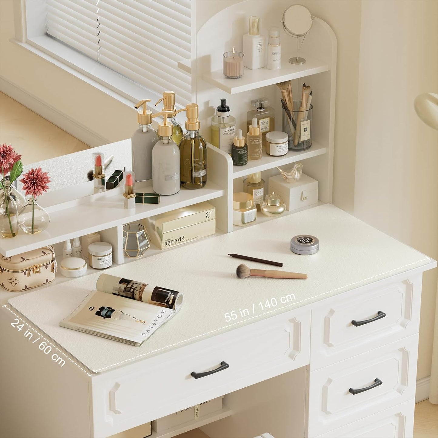 Aothia Leather Desk Pad Protector, Office Desk Mat, Large Mouse Pad, Laptop Desk Pad, Non-Slip PU Leather Desk Blotter, Waterproof Desk Writing Pad for Office and Home (Beige, 55" x 24")