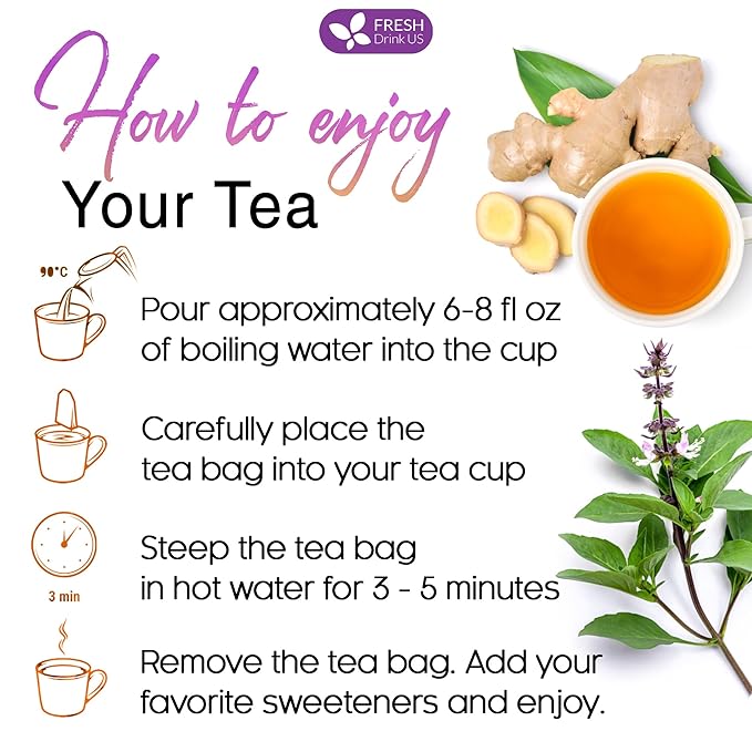 FreshDrinkUS, Premium 135 Ginger Tulsi Tea Bags, 100% Natural, Hand-made Blend of Ginger and Tulsi Holy Basil Leaves, Eco-conscious Tea Bags. Herbal Tea. No Sugar, No Caffeine, Vegan.